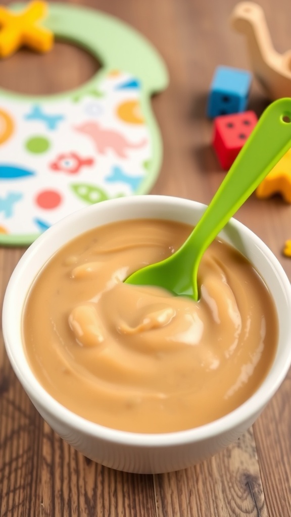 Smooth bean purée for babies in a bowl with a green spoon, surrounded by a baby bib and toys.